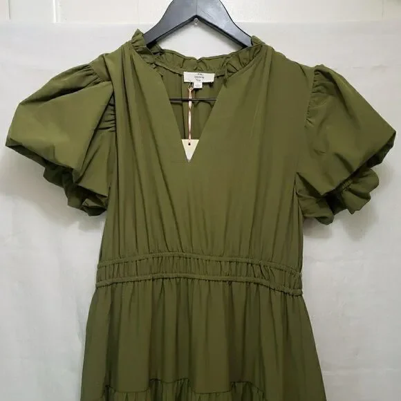 NWT Entro Olive Green Tiered Maxi Dress Sz L Puff Sleeve V-Neck Boho Cottagecore - Picture 4 of 14